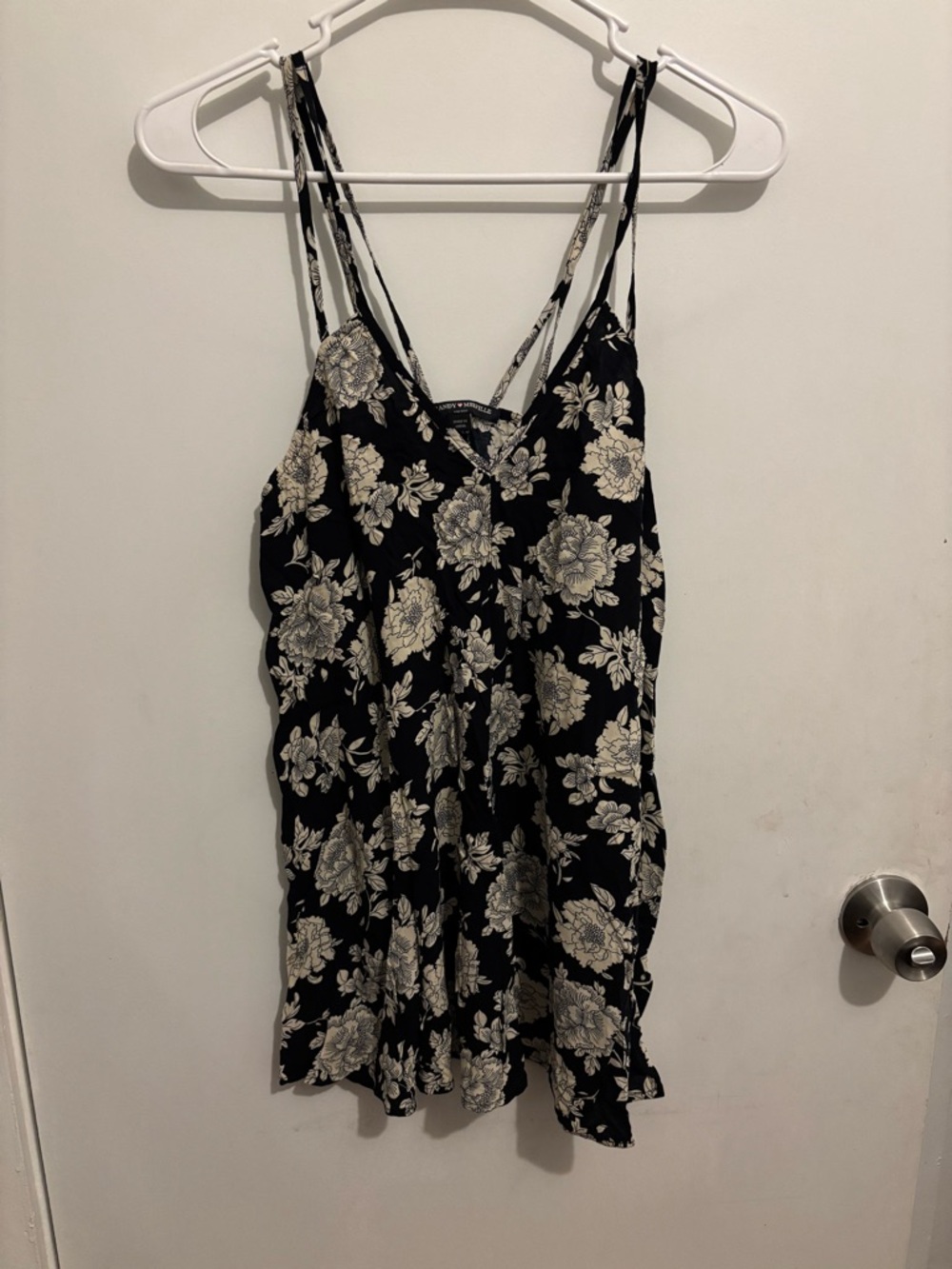 Brandy Melville Black and Cream Floral Spaghetti Strap Dress